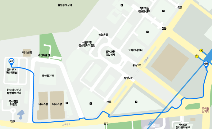 지하철 4호선 정부과천청사역 6번출구로 나오신 후 약 150m 직진 후 교육원삼거리에서 관악산방향(오른쪽)으로 약 750m 직진 후 오른쪽으로 꺽어 약 230m에 위치해 있다