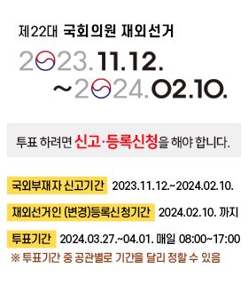 제22대 국회의원 재외선거 2023.11.12. ~ 2024.02.10. 투표를 하려면 신고등록신청을 해야 합니다. 국외부재자 신고기간 2023.11.12.2024.02.10. 재외선거인 (변경)등록신청기간 2024.02.10.까지 투표기간 2024.03.27. !04.01. 매일 08:00~17:00